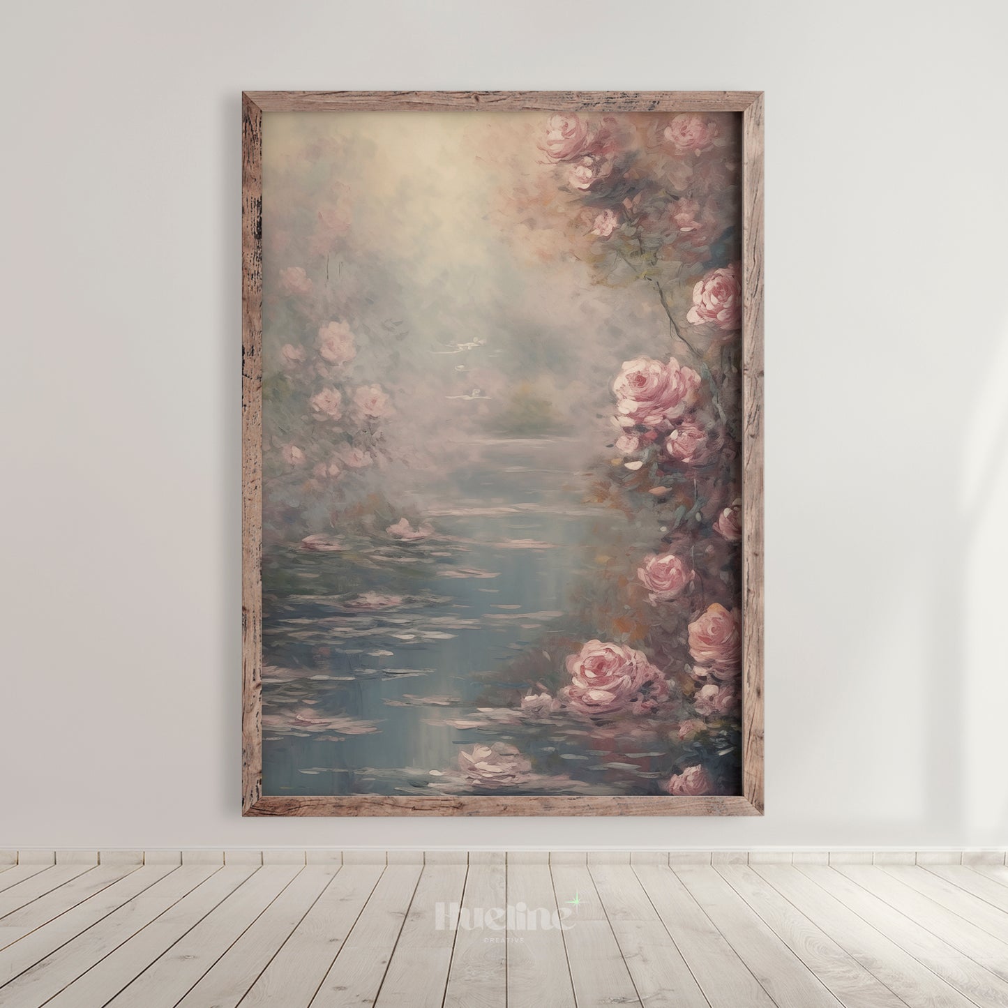 Romantic Retreat: Vintage Lake Surrounded by Roses Oil Painting, Home Decor Timeless Art - L1013