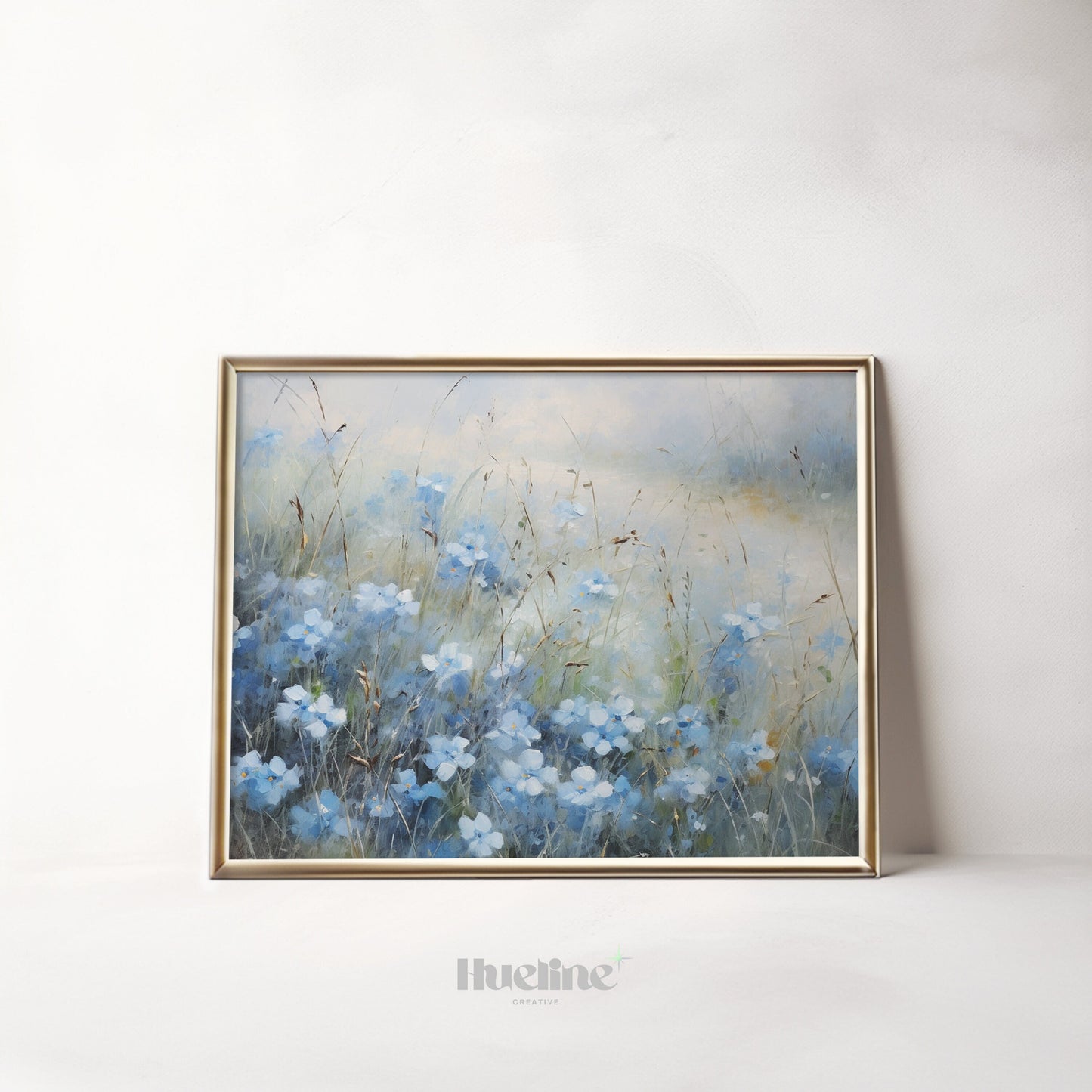 Vintage Blue Flower Meadow Oil Painting Digital Art, Serene Nature Inspired Home Decor, Fall Decor, Blue Flowers - L1002