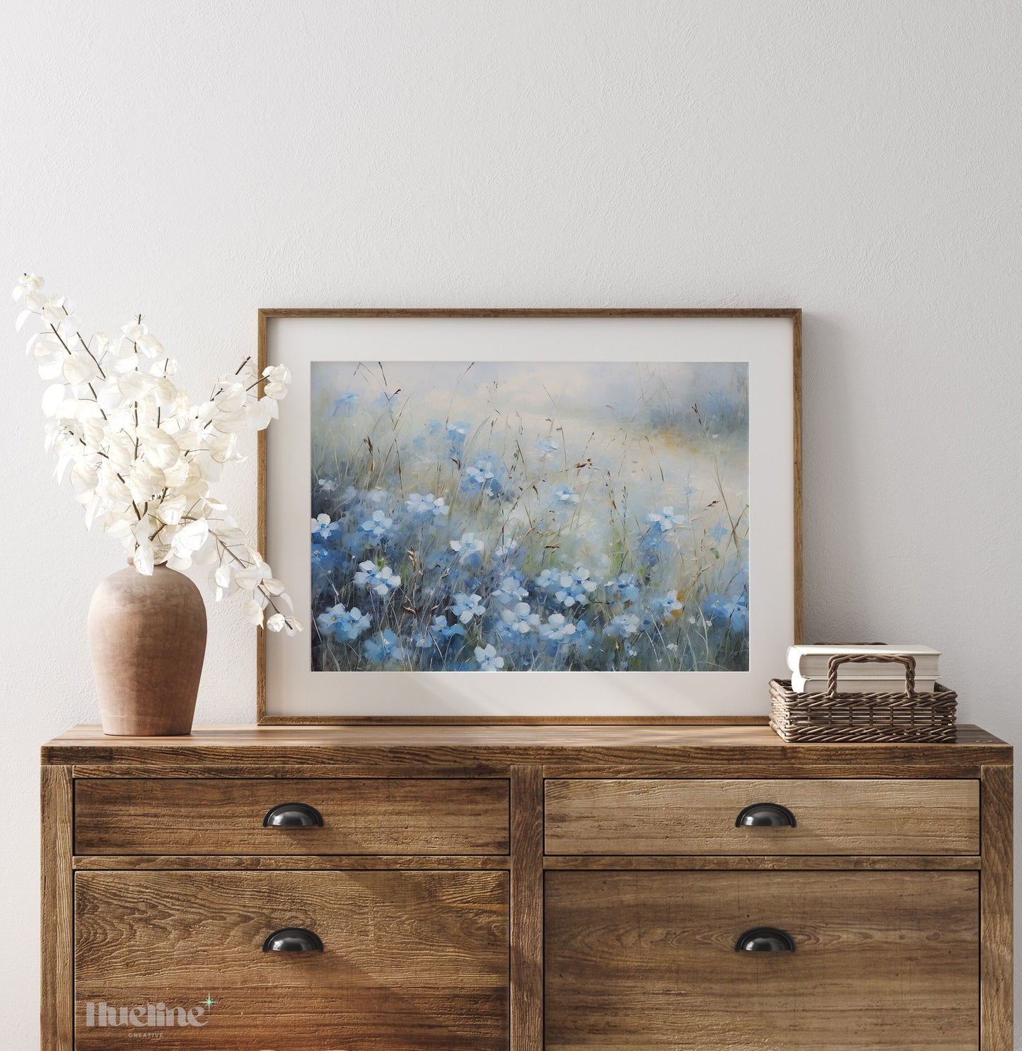 Vintage Blue Flower Meadow Oil Painting Digital Art, Serene Nature Inspired Home Decor, Fall Decor, Blue Flowers - L1002