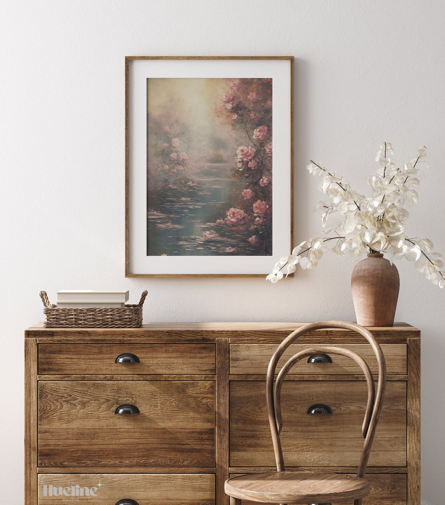Romantic Retreat: Vintage Lake Surrounded by Roses Oil Painting, Home Decor Timeless Art - L1013