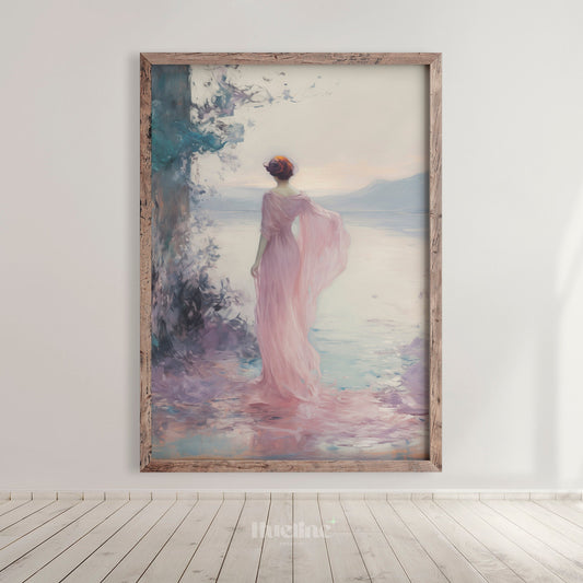Majestic Seaside Gaze: Vintage Style Oil Painting of a Contemplative Woman, Home Decor Timeless Art - L1014