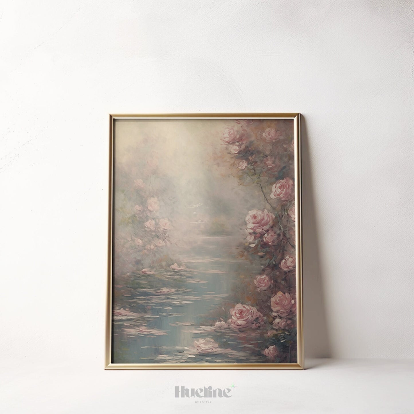 Romantic Retreat: Vintage Lake Surrounded by Roses Oil Painting, Home Decor Timeless Art - L1013