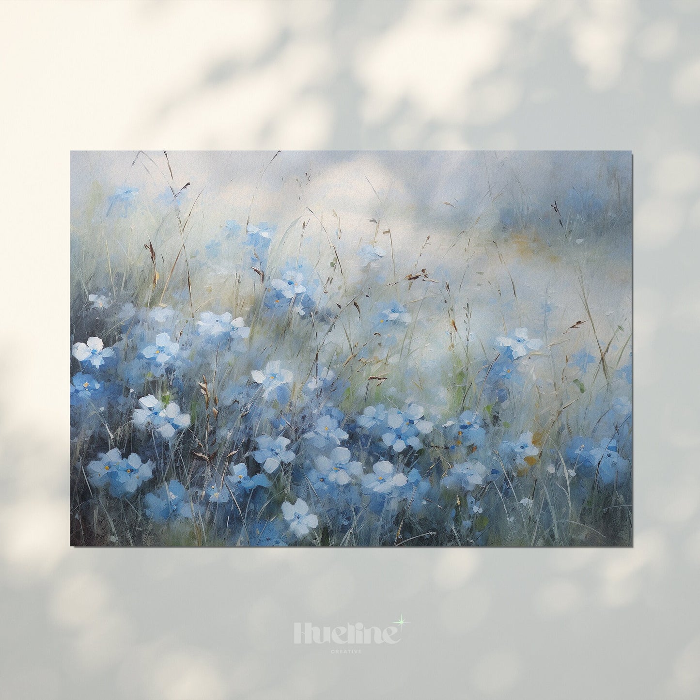 Vintage Blue Flower Meadow Oil Painting Digital Art, Serene Nature Inspired Home Decor, Fall Decor, Blue Flowers - L1002
