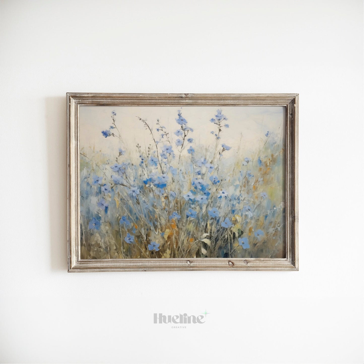 Vintage Blue Meadow Flowers Oil Painting Digital Art, Serene Nature Inspired Home Decor, Fall Decor, Blue Flowers - L1016