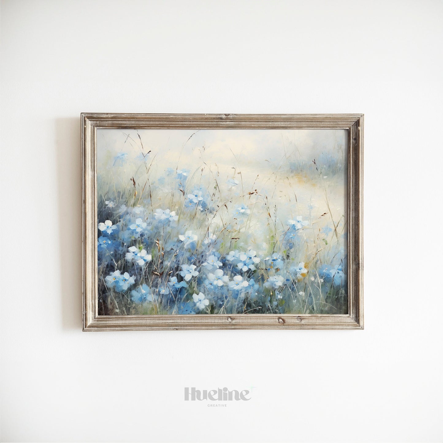 Vintage Blue Flower Meadow Oil Painting Digital Art, Serene Nature Inspired Home Decor, Fall Decor, Blue Flowers - L1002