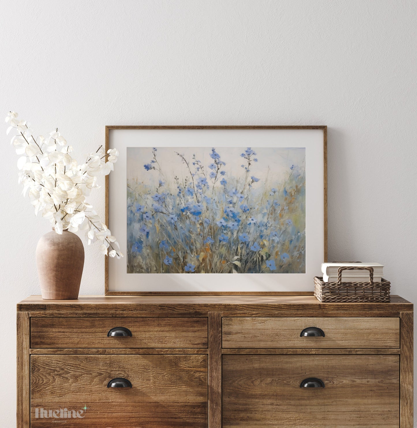 Vintage Blue Meadow Flowers Oil Painting Digital Art, Serene Nature Inspired Home Decor, Fall Decor, Blue Flowers - L1016