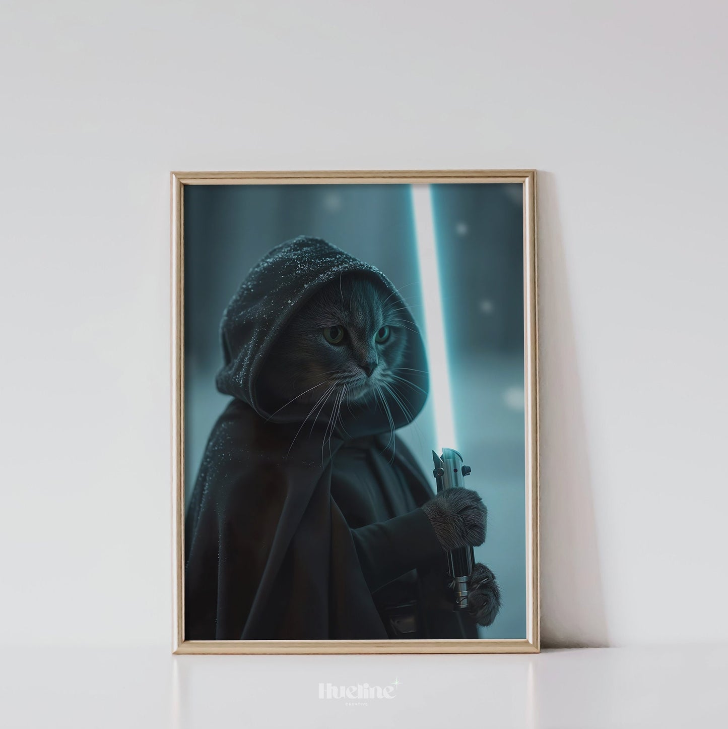 Custom Pet Portrait from Photo, Warrior Pet Galactic Defender with Blue Saber Wall Art Funny Pet Birthday Gift Personalized Gift for Dad