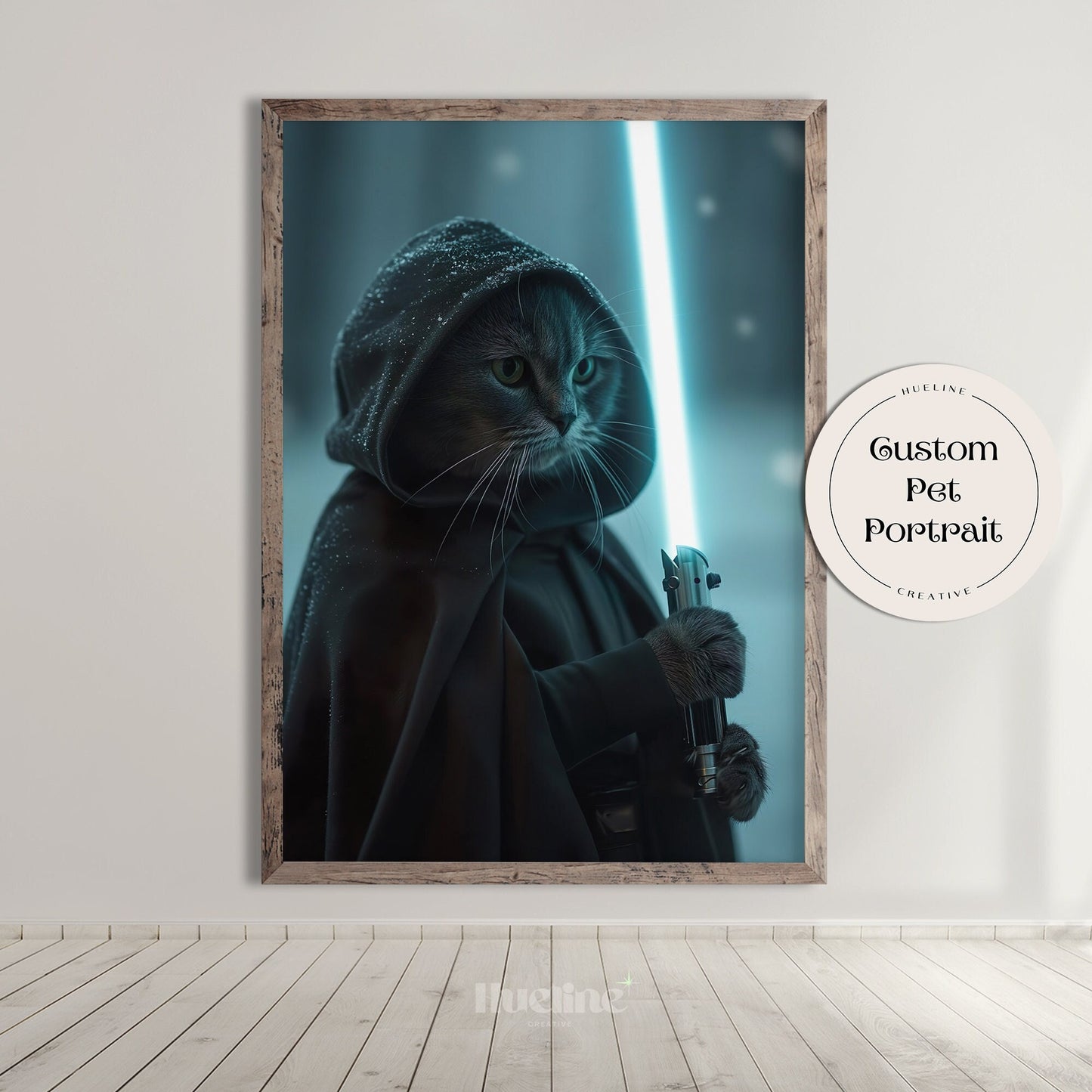 Custom Pet Portrait from Photo, Warrior Pet Galactic Defender with Blue Saber Wall Art Funny Pet Birthday Gift Personalized Gift for Dad