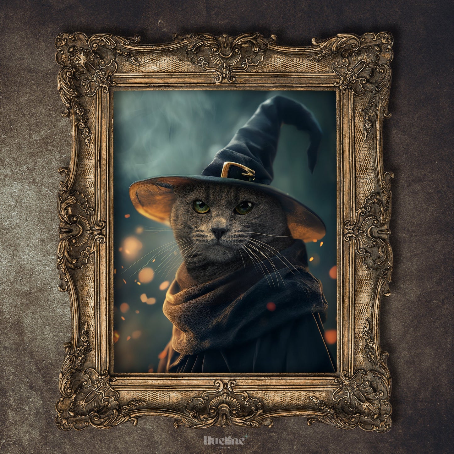 Custom Wizard Pet Portrait from Photo Perfect Birthday Pet Gift Dark Home Decor Gray Wizard Pet w Cool Hat Personalized Gift for Grandma