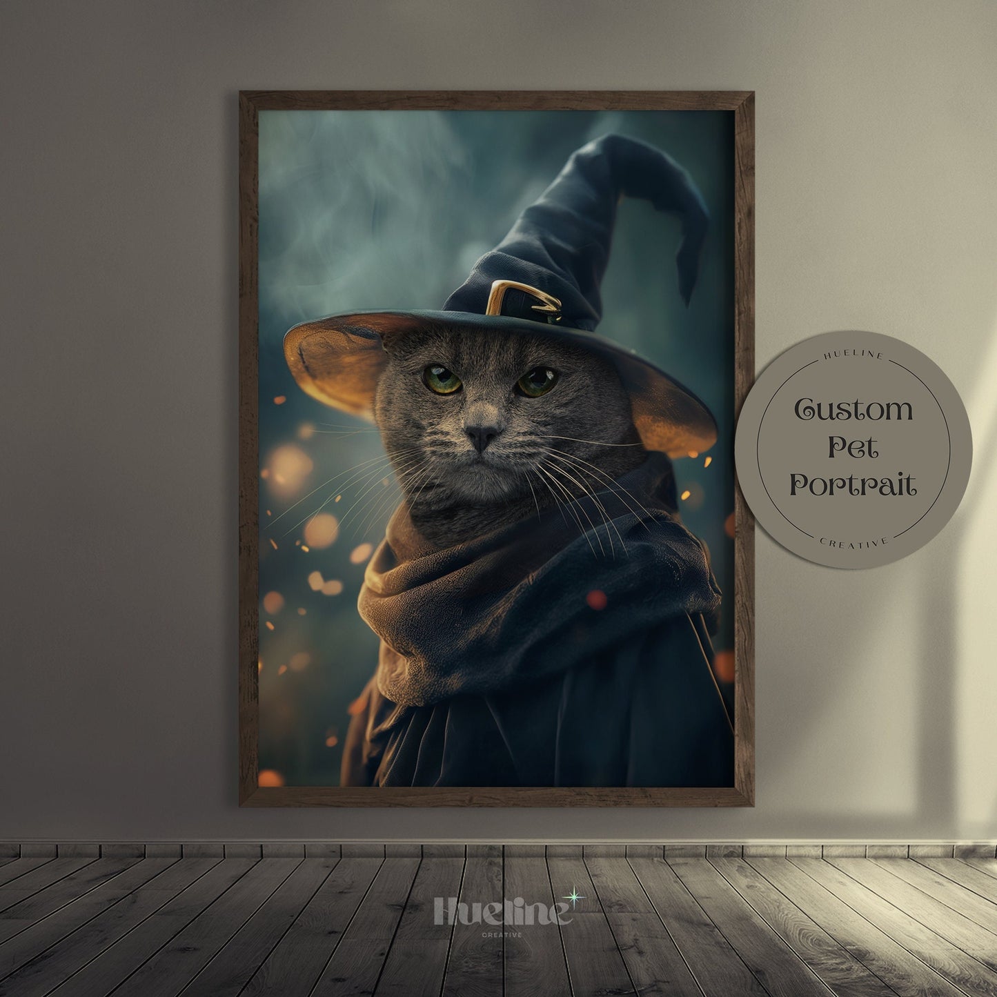 Custom Wizard Pet Portrait from Photo Perfect Birthday Pet Gift Dark Home Decor Gray Wizard Pet w Cool Hat Personalized Gift for Grandma