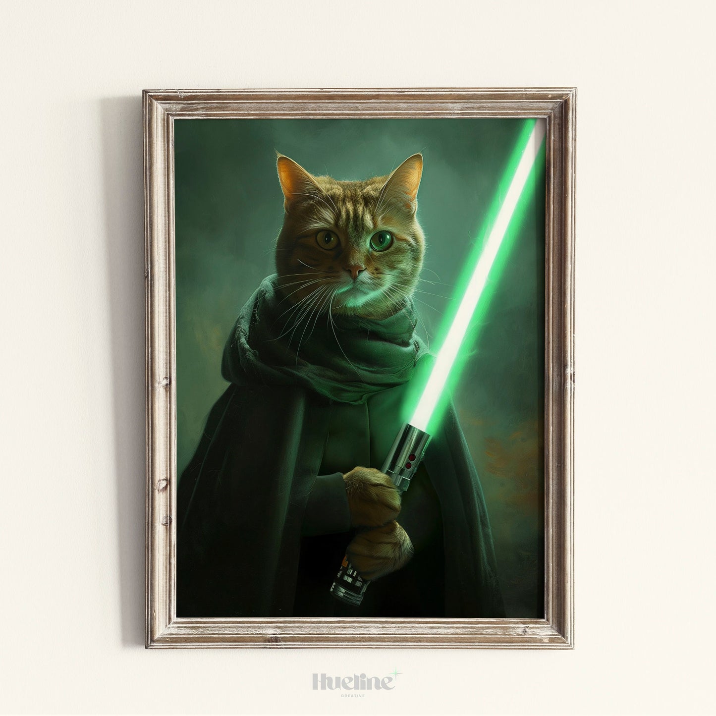 Custom Pet Portrait from Photo, Warrior Pet Galactic Defender with Green Saber Wall Art Funny Pet Birthday Gift Personalized Gift for Dad