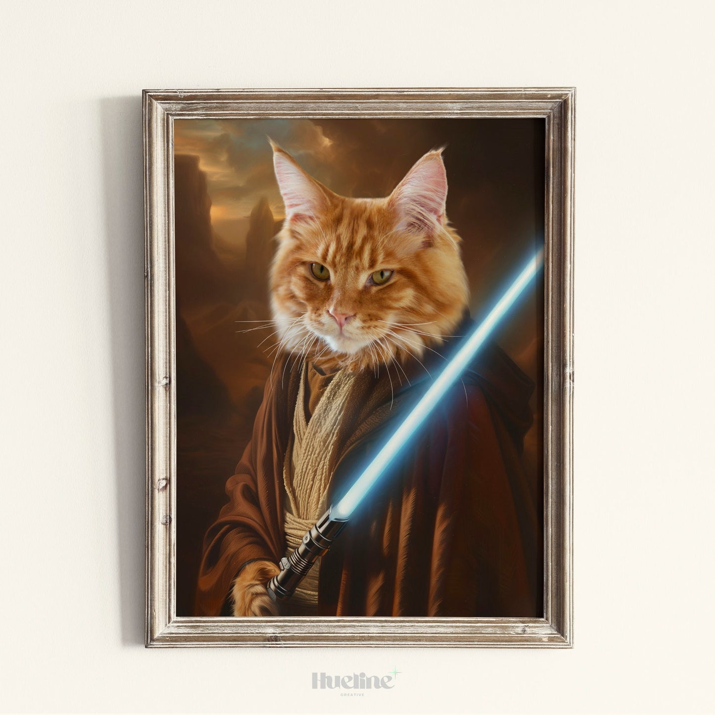 Custom Pet Portrait from Photo, Warrior Pet Obi-Paw with Blue Saber Wall Art Funny Pet Birthday Gift Personalized Gift for Dad
