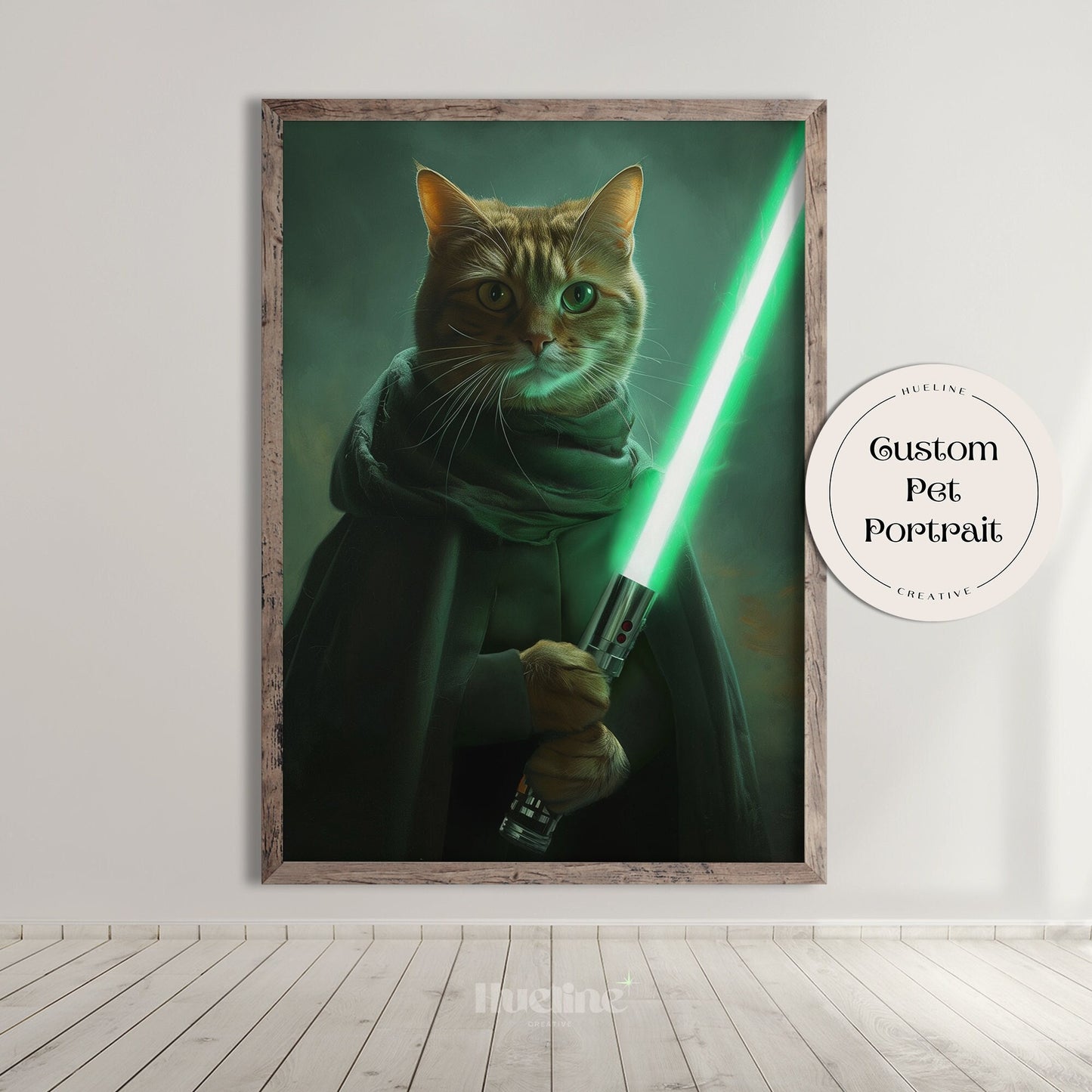 Custom Pet Portrait from Photo, Warrior Pet Galactic Defender with Green Saber Wall Art Funny Pet Birthday Gift Personalized Gift for Dad