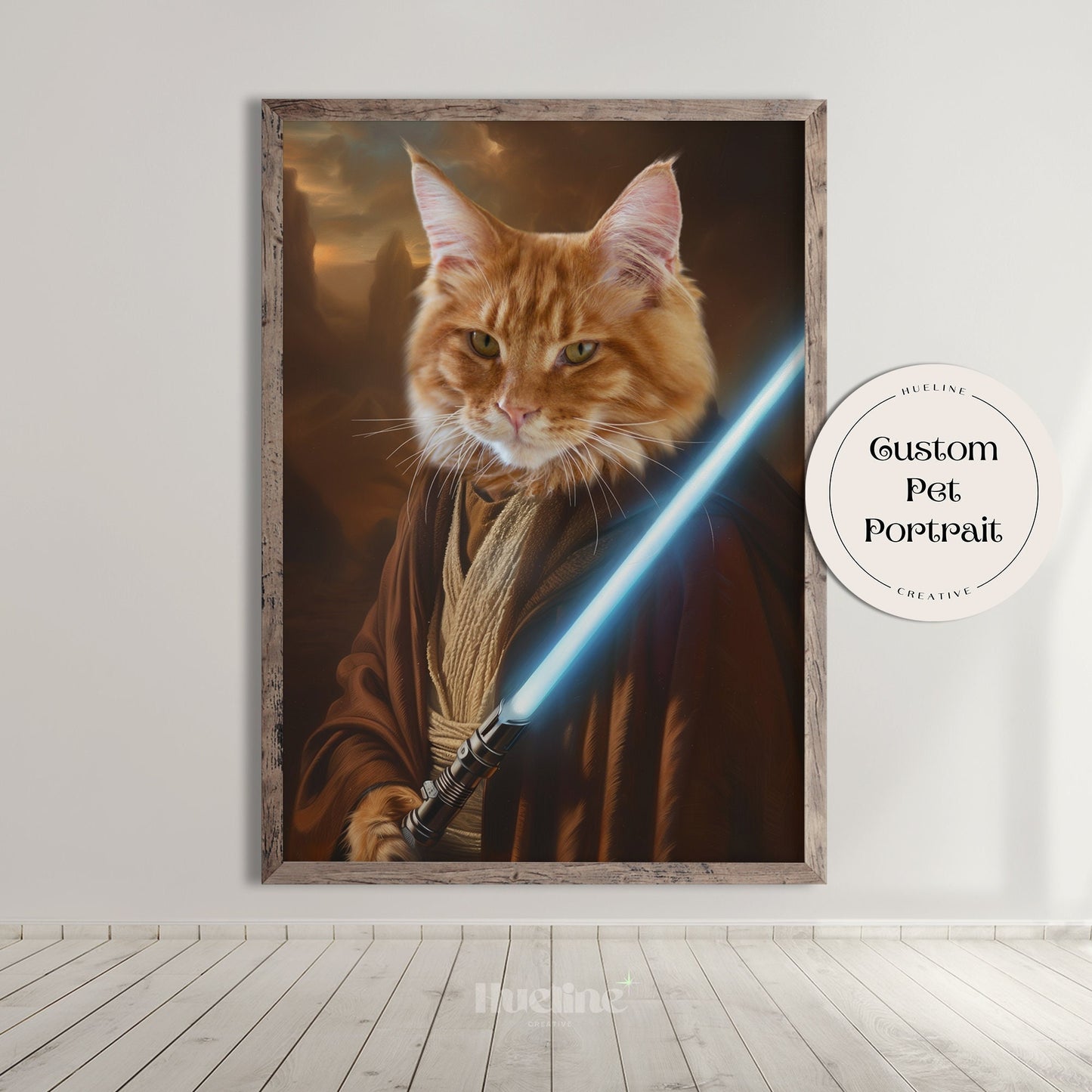 Custom Pet Portrait from Photo, Warrior Pet Obi-Paw with Blue Saber Wall Art Funny Pet Birthday Gift Personalized Gift for Dad
