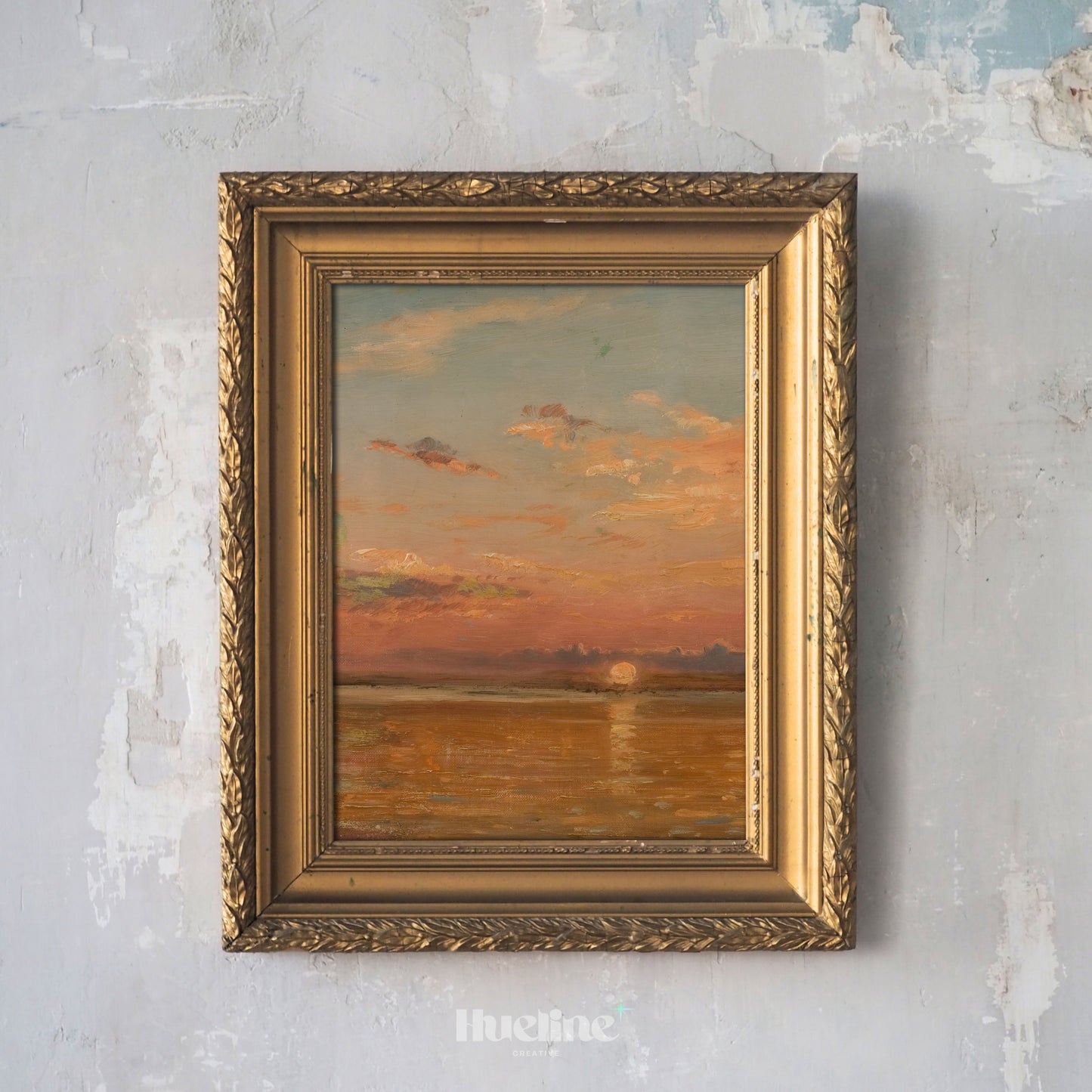 Sunset Seascape Art Print, Vintage Ocean Horizon Wall Art, Warm Pastel Coastal Painting - L1089