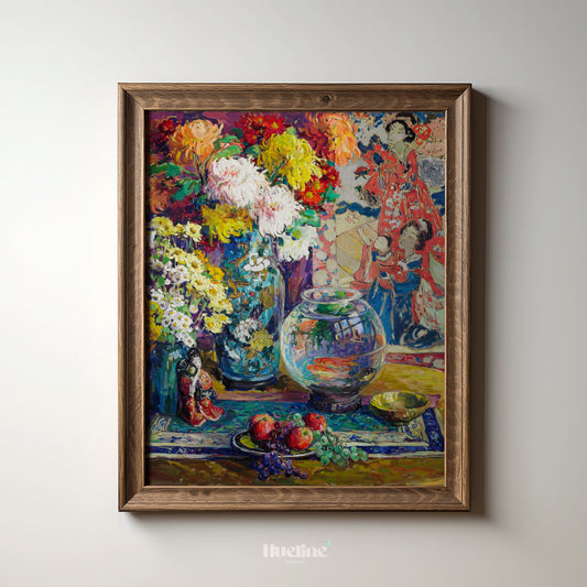 Colorful Still Life Wall Art | Vintage Floral Painting with Fruits & Vase - L1105