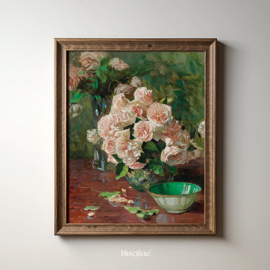 Romantic Pink Rose Bouquet Art Print – Vintage Floral Still Life Wall Decor for Elegant Interiors – Classic Botanical Painting Gift for Wife - L1070