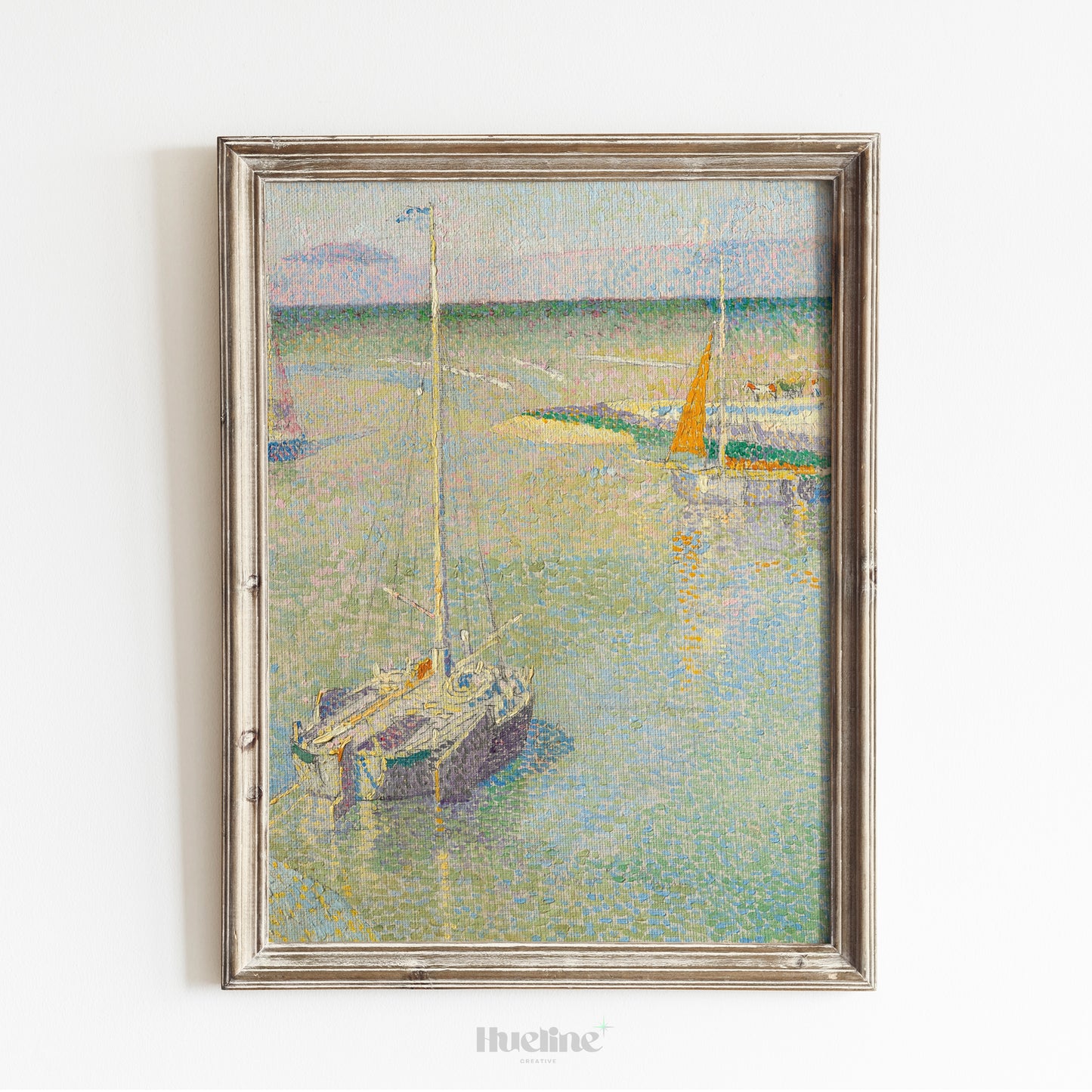Pointillist Sailing Boat Art Print – Soft Pastel Coastal Scene with Tranquil Water – Impressionist Nautical Wall Decor for Calm Interiors - L1045