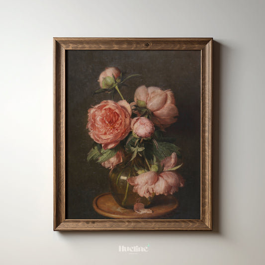 Vintage Floral Wall Art | Classic Pink Peony Still Life Painting Print - L1109