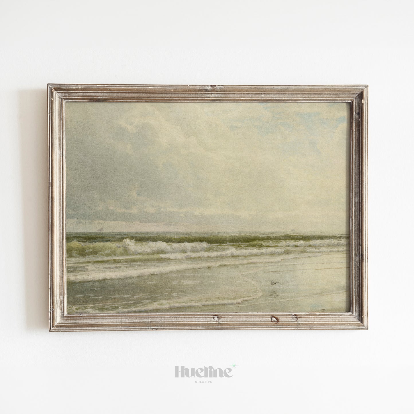 Vintage Ocean Shoreline Print, Calm Coastal Wall Art, Neutral Beach Seascape Painting - L1090