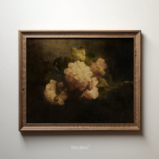 Dark Floral Still Life Print, Vintage Peony Wall Art, Moody Botanical Painting Poster - L1097