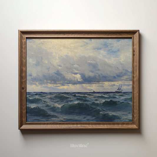 Dramatic Ocean Seascape Art Print – Vintage Style Maritime Painting with Stormy Sky and Sailboat – Nautical Wall Decor for Coastal Interiors - L1055
