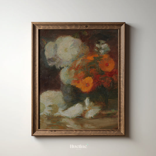 Dramatic Floral Still Life Art Print – Vintage-Style Dark Flower Bouquet Painting – Bold Botanical Wall Decor for Classic Interiors - L1049