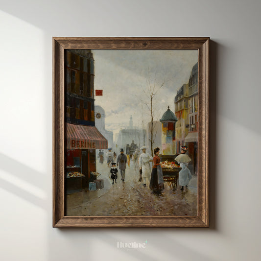 Vintage Paris Street Scene Art Print – Romantic French Cityscape with Flower Carts and 19th Century Charm – Classic Wall Art for Paris Lovers - L1040