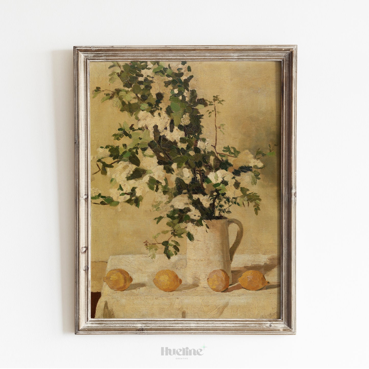 Vintage Floral Still Life Art Print – Country Style Lemon and Vase Painting – Rustic Wall Decor for Kitchen or Cottage Interiors - L1038
