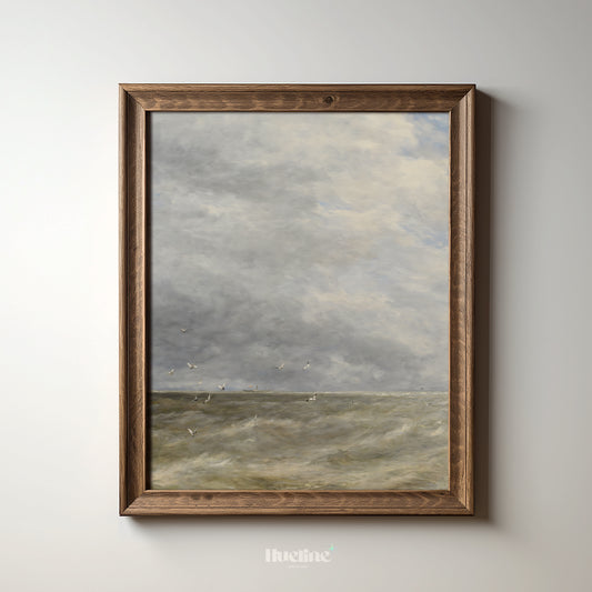 Dramatic Vintage Seascape Art Print – Cloudy Sky and Waves with Seagulls – Coastal Wall Decor for Nature-Inspired Interiors - L1059
