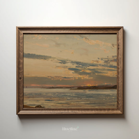 Golden Sunset Seascape Art Print – Warm Coastal Horizon Painting – Tranquil Evening Sky Wall Decor – Impressionist Seaside Landscape – Gift for Nature Lovers - L1074