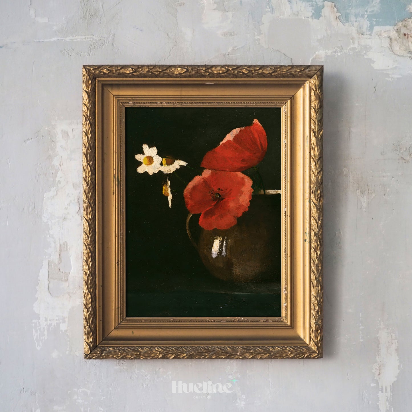 Vintage Red Poppy and Daisy Still Life Print, Dark Floral Wall Art, Moody Botanical Poster - L1083