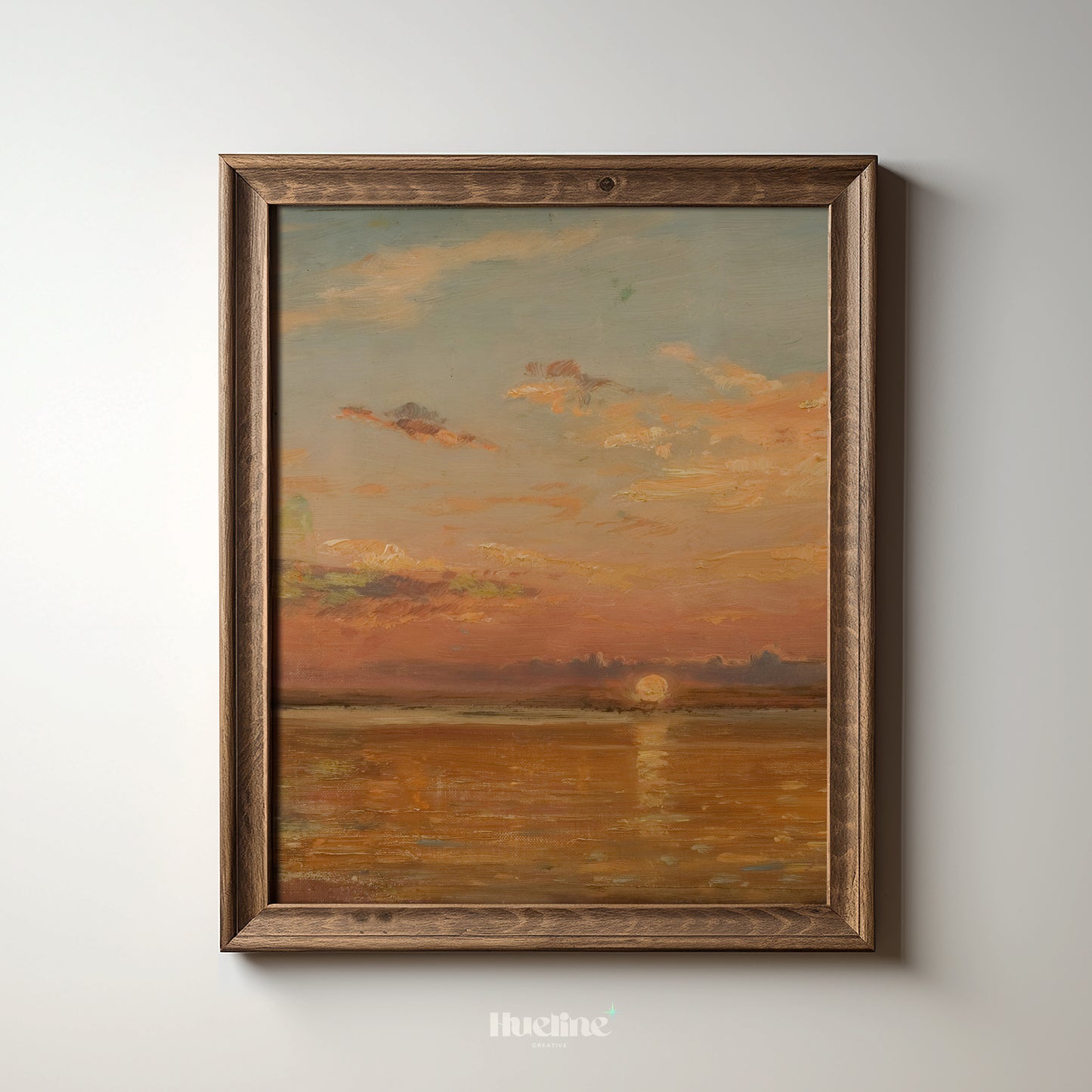 Sunset Seascape Art Print, Vintage Ocean Horizon Wall Art, Warm Pastel Coastal Painting - L1089