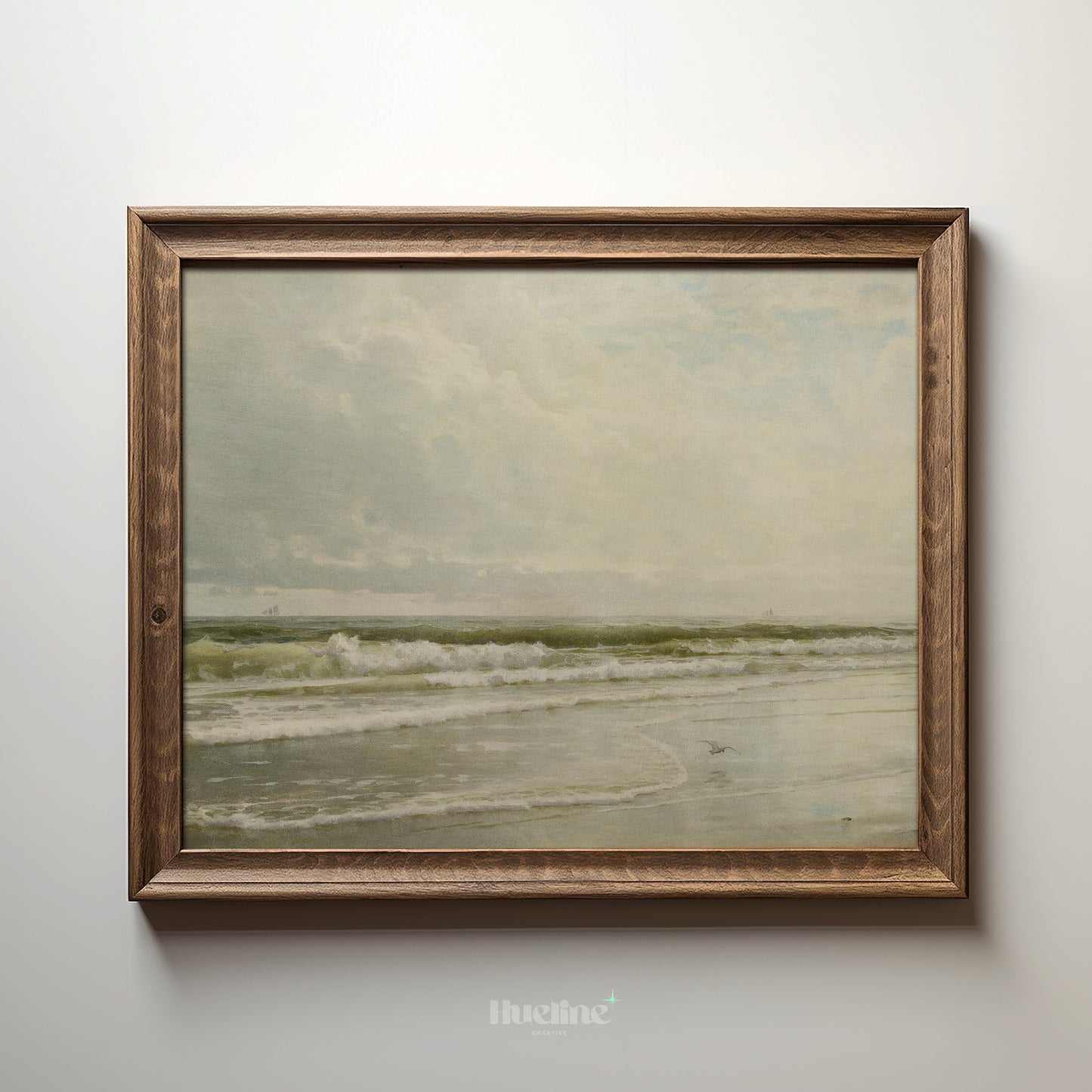 Vintage Ocean Shoreline Print, Calm Coastal Wall Art, Neutral Beach Seascape Painting - L1090