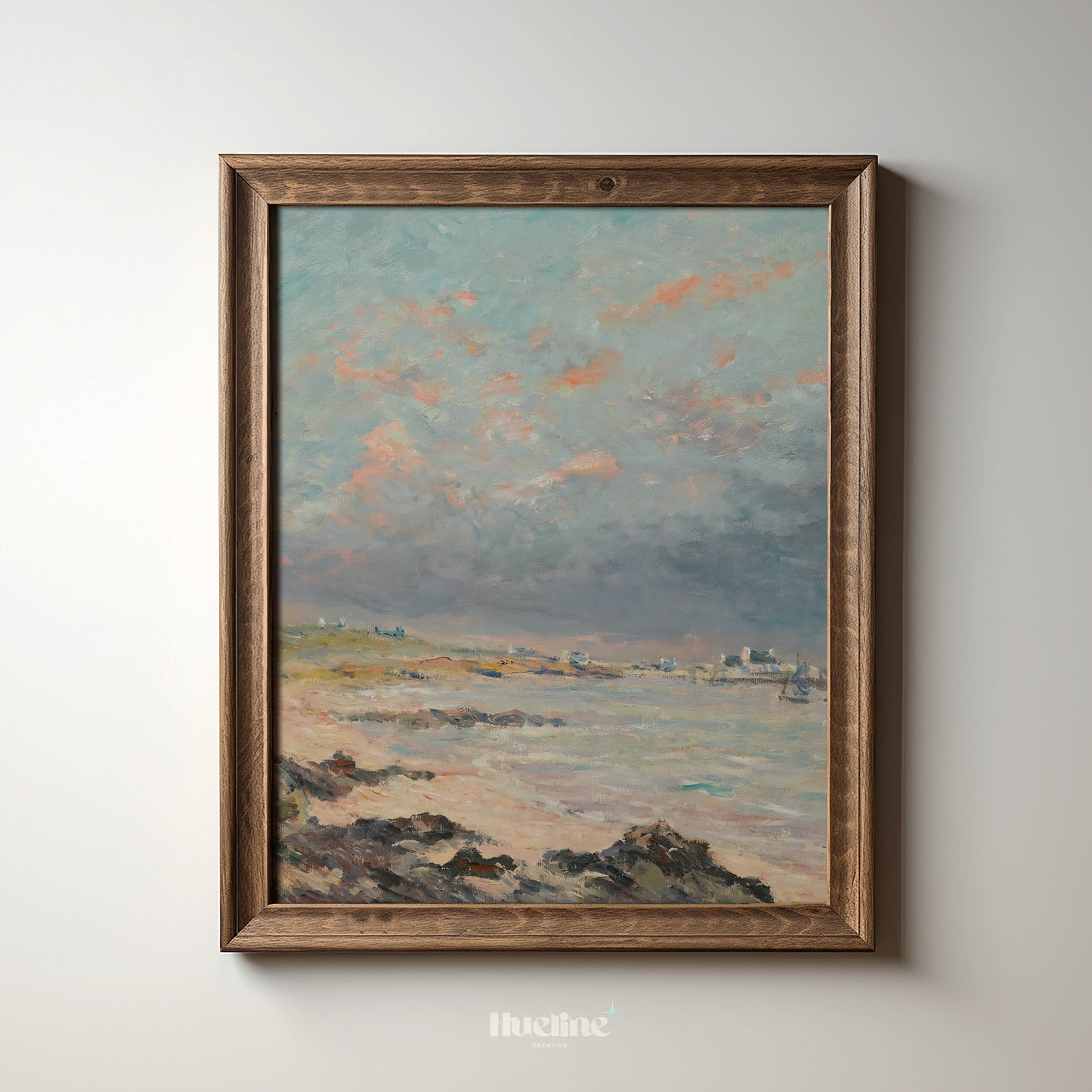 Stormy Coastal Landscape Print, Moody Sky Beach Wall Art, Vintage Seaside Painting Poster - L1086