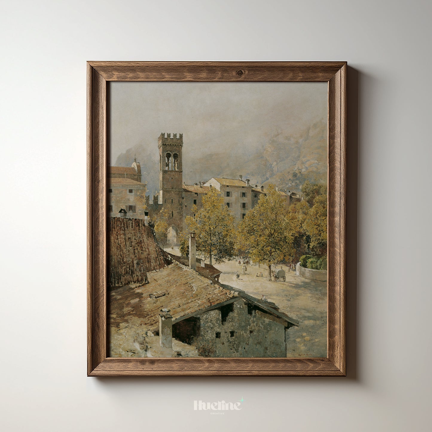 Vintage European Cityscape Art Print – Historic Old Town Scene with Tower and Autumn Trees – Rustic Wall Art for Classic Home Decor - L1039