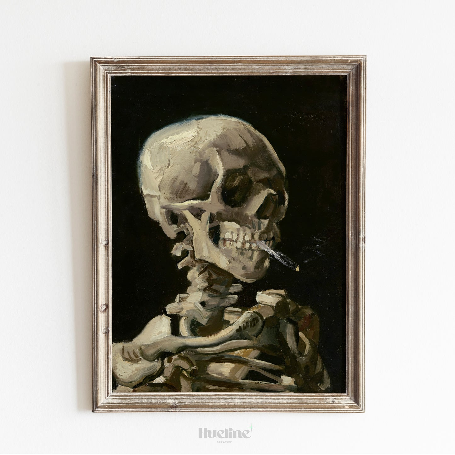 Vintage Skeleton Smoking Print, Dark Academia Wall Art, Skull Painting Poster for Gothic Decor - L1095