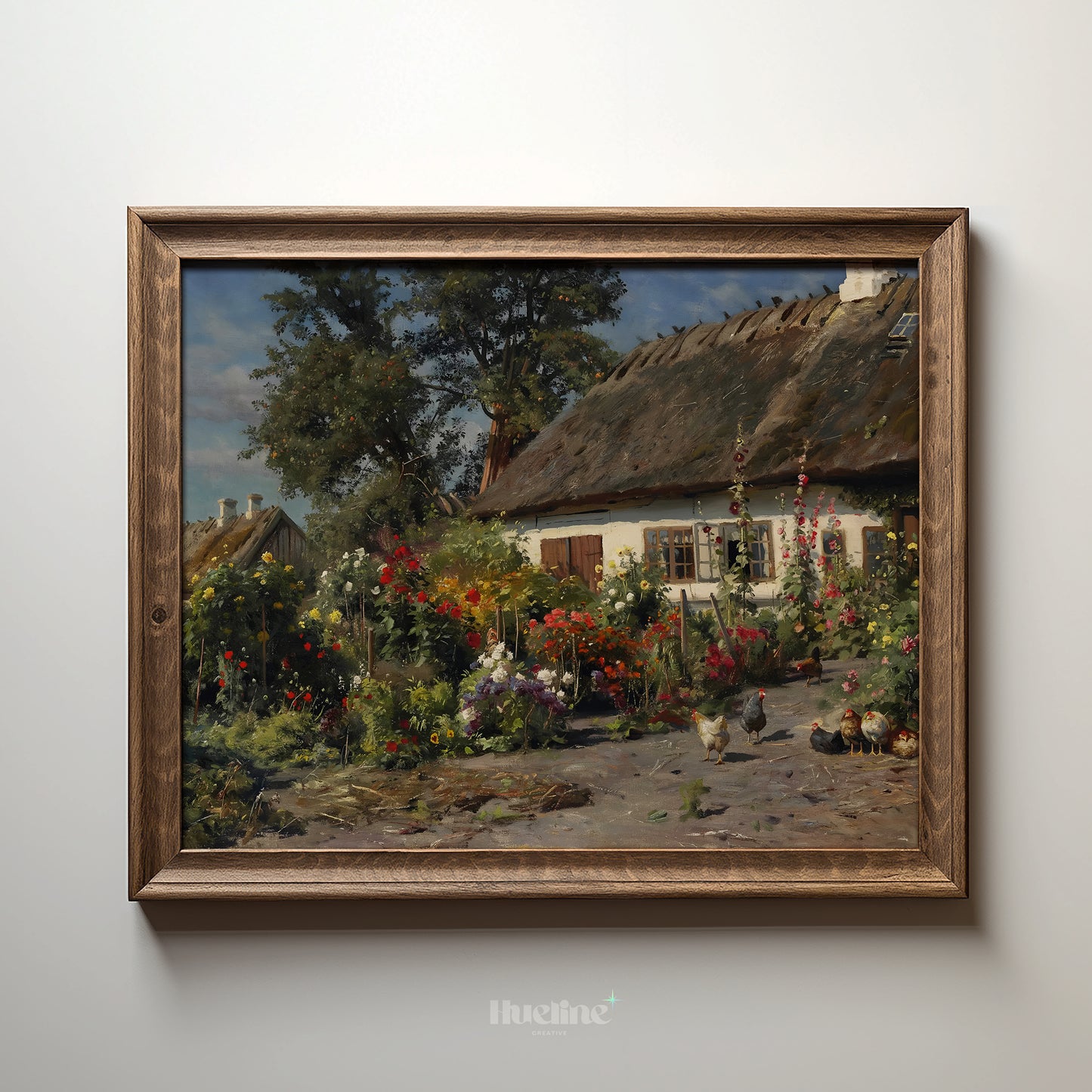 Vintage Cottage Garden Art Print – Floral Farmhouse Scene with Chickens and Thatch Roof House – Country Wall Decor for Rustic Interiors - L1046