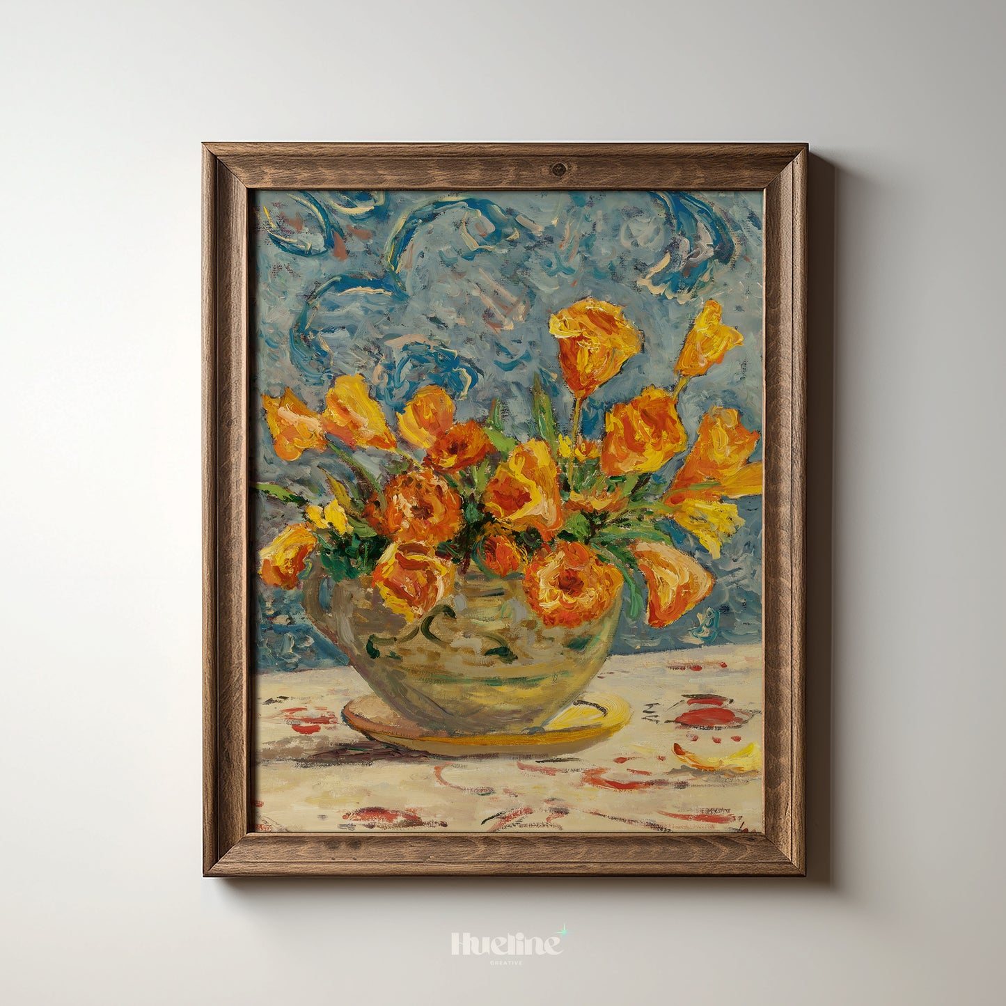 Bright Floral Impressionist Print, Orange Flower Bouquet Wall Art, Colorful Still Life Poster - L1094