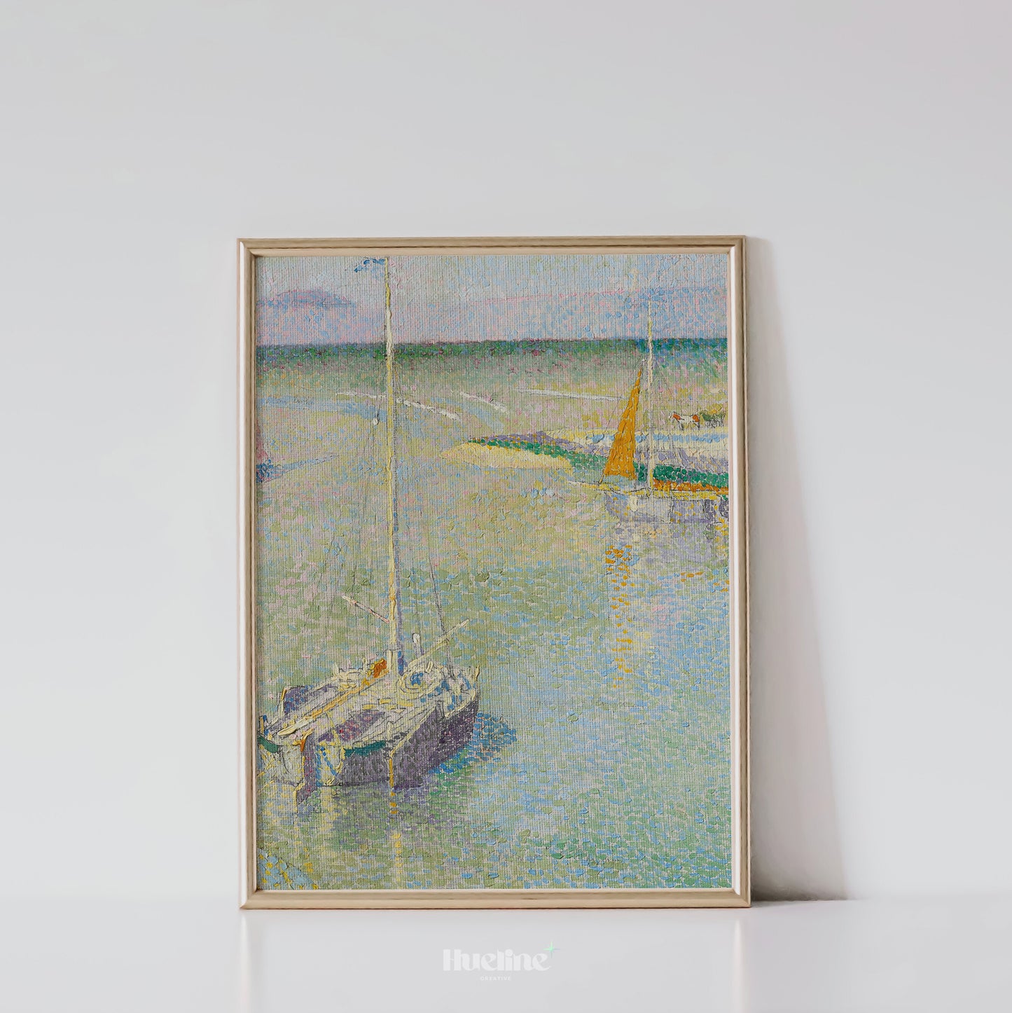 Pointillist Sailing Boat Art Print – Soft Pastel Coastal Scene with Tranquil Water – Impressionist Nautical Wall Decor for Calm Interiors - L1045