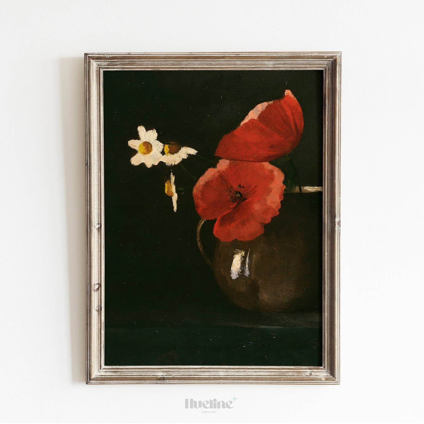 Vintage Red Poppy and Daisy Still Life Print, Dark Floral Wall Art, Moody Botanical Poster - L1083