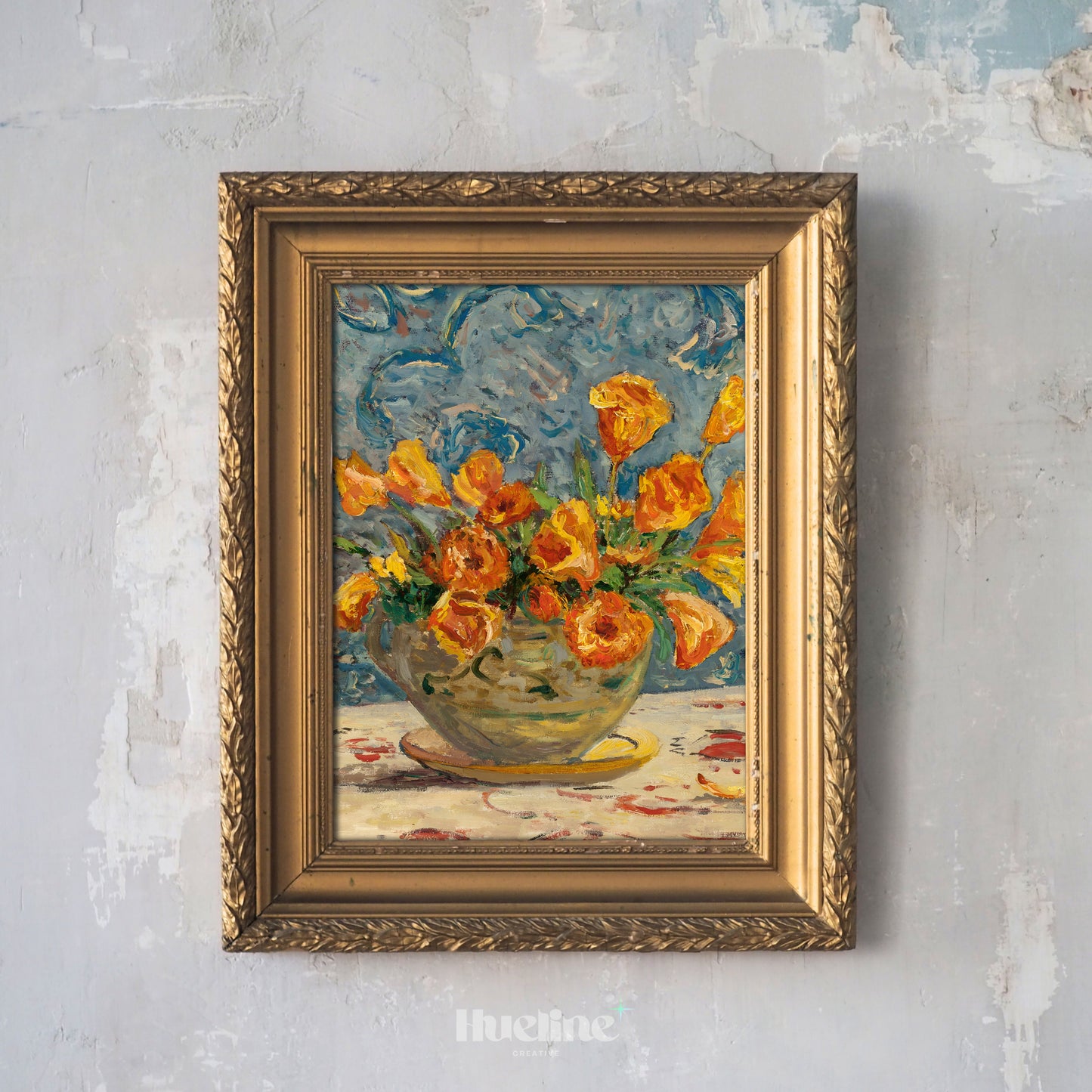 Bright Floral Impressionist Print, Orange Flower Bouquet Wall Art, Colorful Still Life Poster - L1094