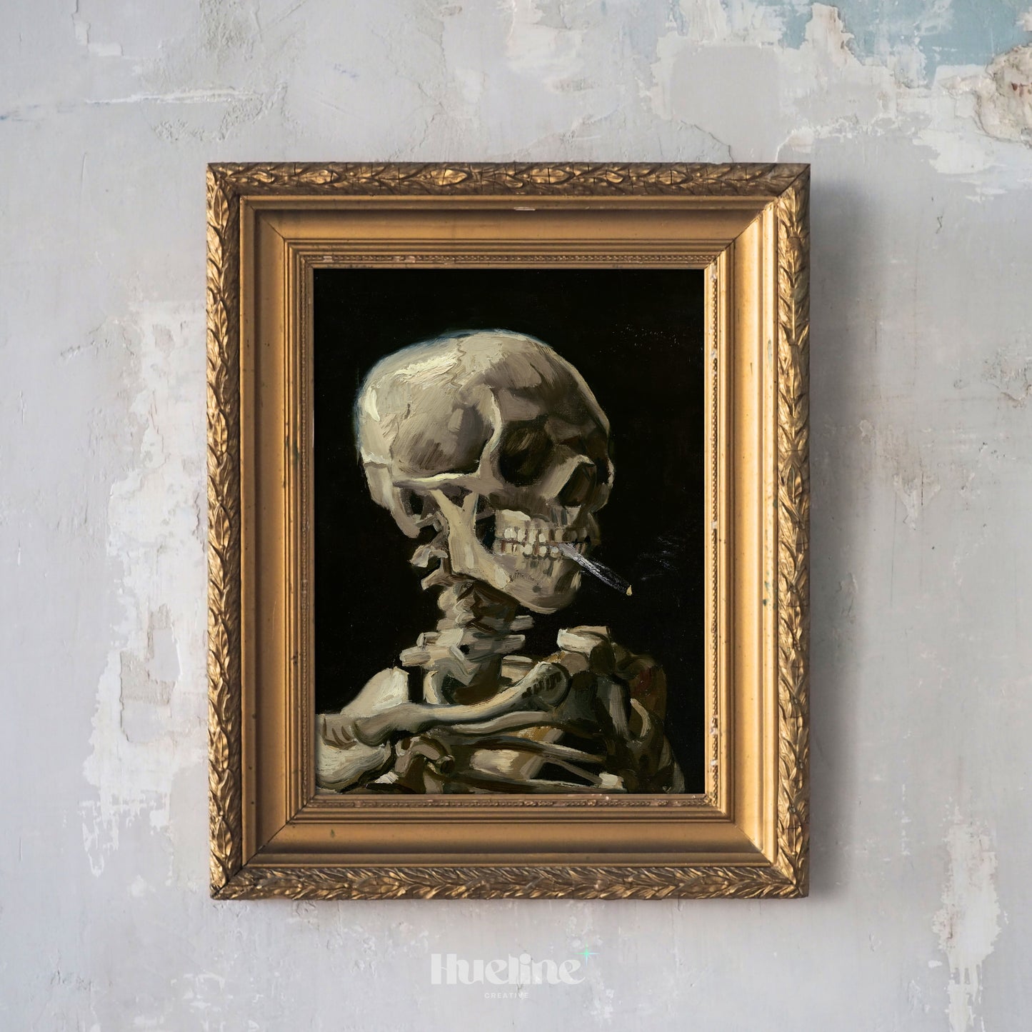 Vintage Skeleton Smoking Print, Dark Academia Wall Art, Skull Painting Poster for Gothic Decor - L1095