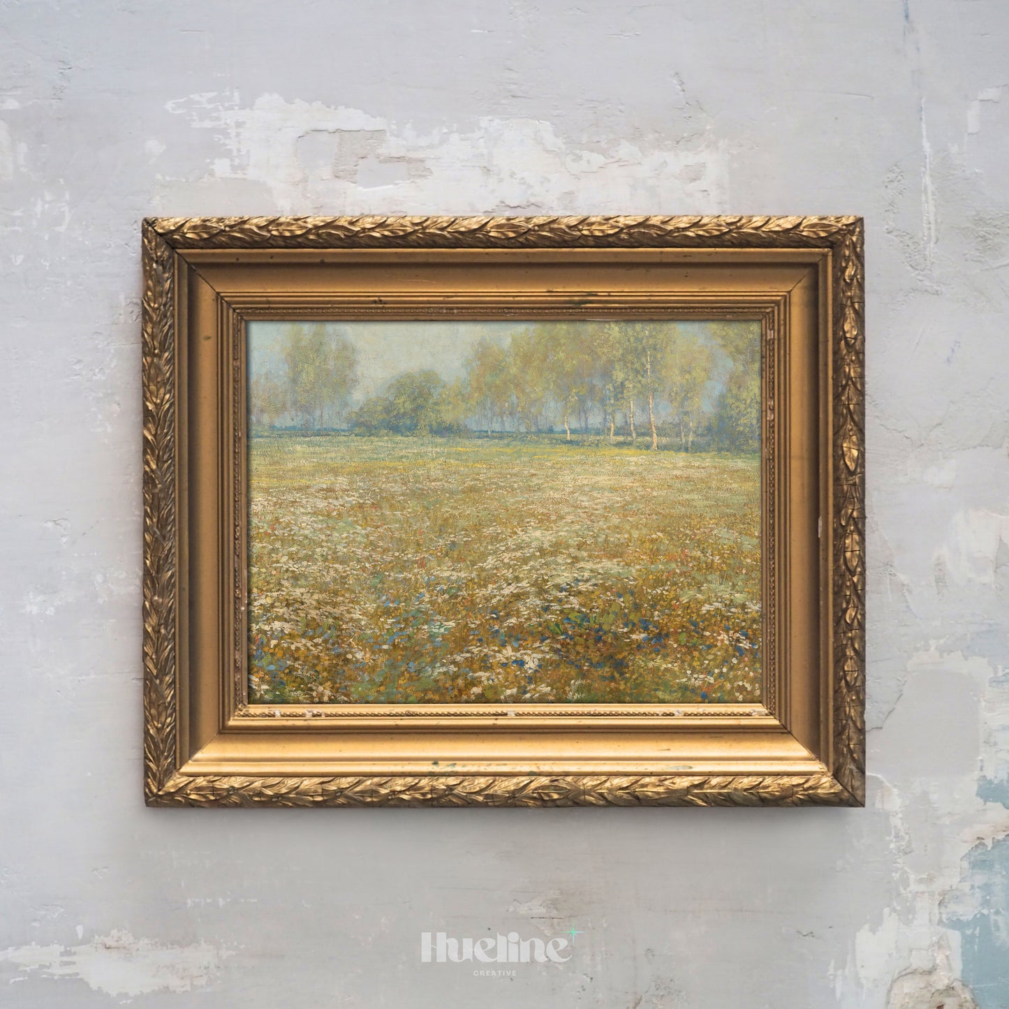 Vintage Meadow Landscape Art Print – Soft Wildflower Field and Trees – Rustic Country Wall Decor for Cottage or Farmhouse Interiors - L1044