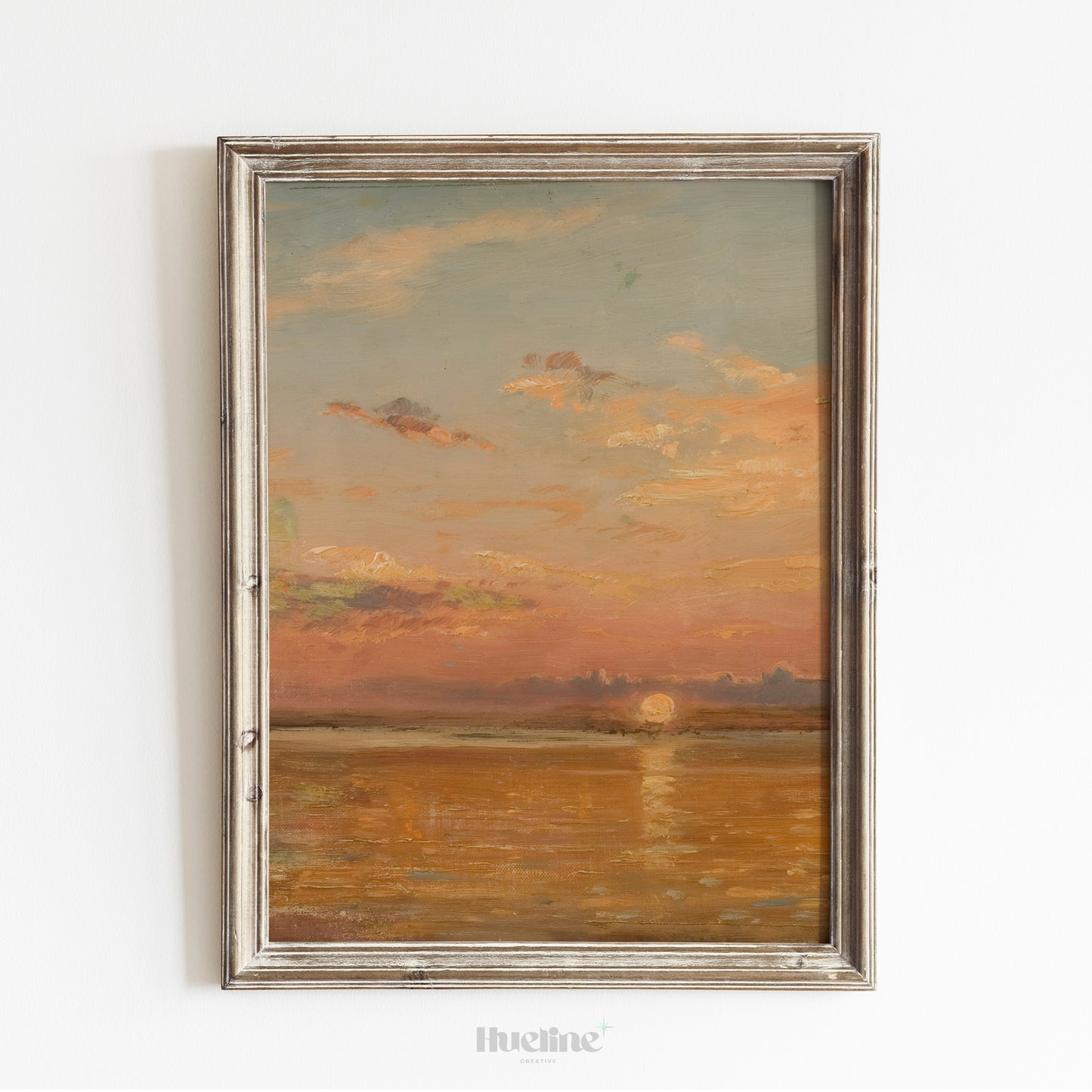 Sunset Seascape Art Print, Vintage Ocean Horizon Wall Art, Warm Pastel Coastal Painting - L1089