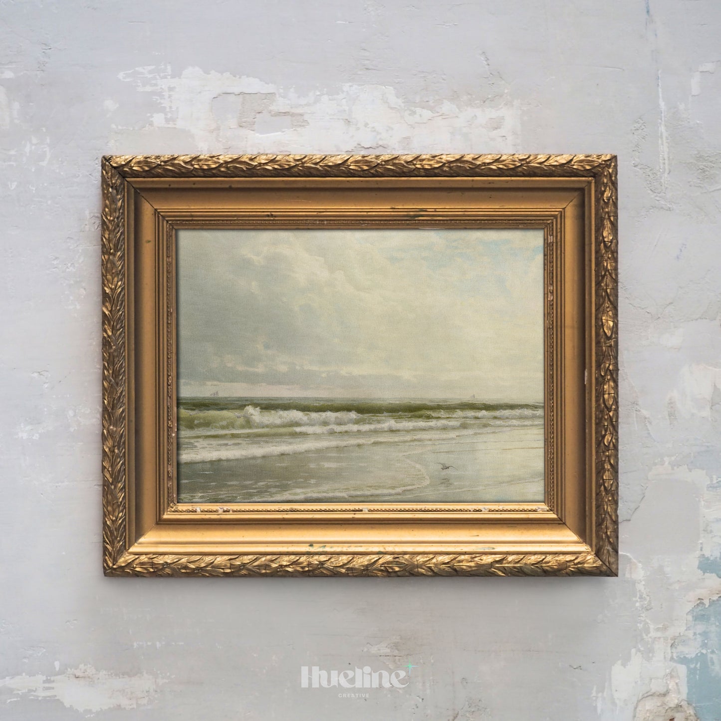 Vintage Ocean Shoreline Print, Calm Coastal Wall Art, Neutral Beach Seascape Painting - L1090