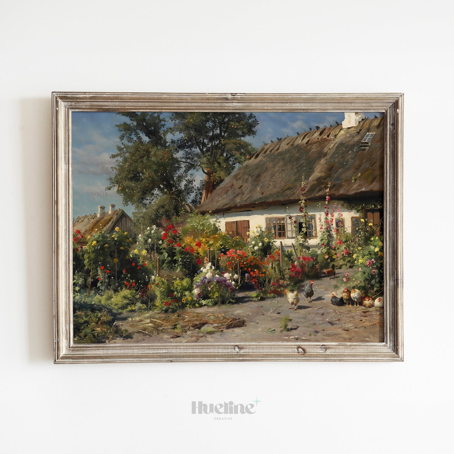 Vintage Cottage Garden Art Print – Floral Farmhouse Scene with Chickens and Thatch Roof House – Country Wall Decor for Rustic Interiors - L1046
