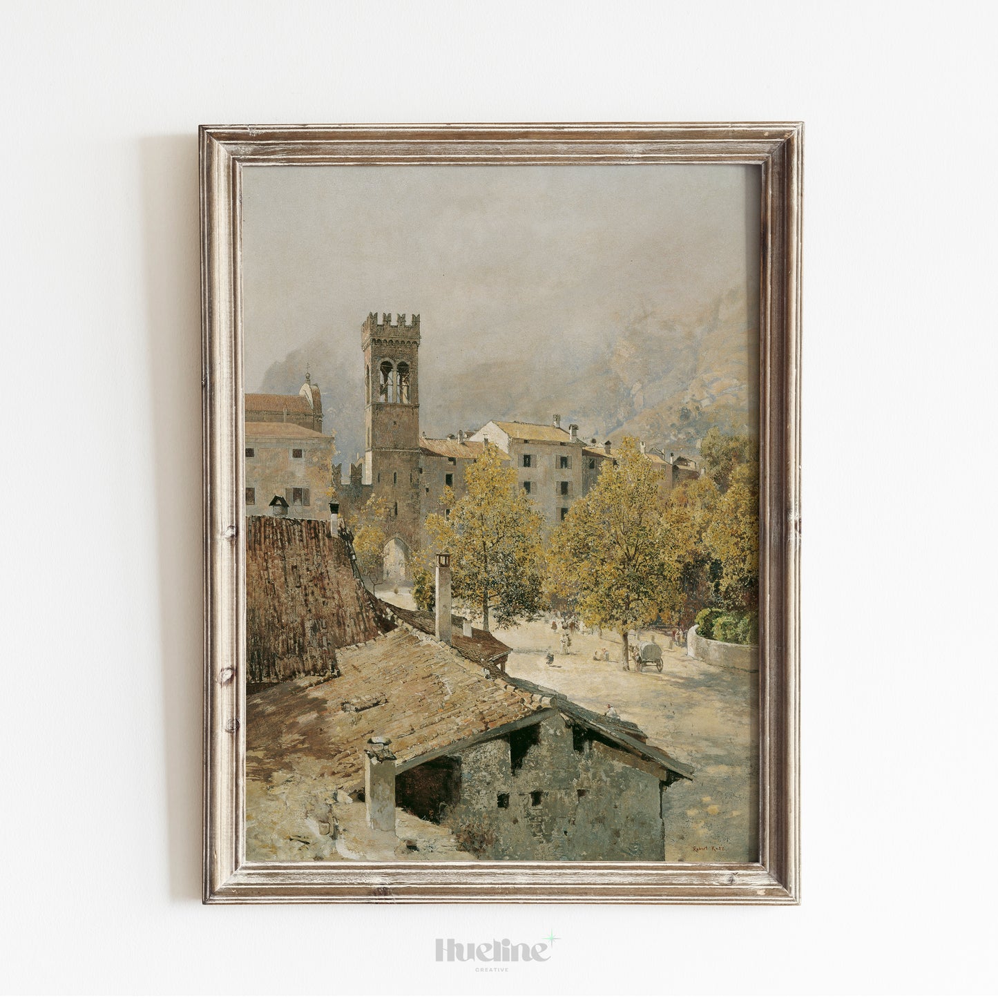 Vintage European Cityscape Art Print – Historic Old Town Scene with Tower and Autumn Trees – Rustic Wall Art for Classic Home Decor - L1039