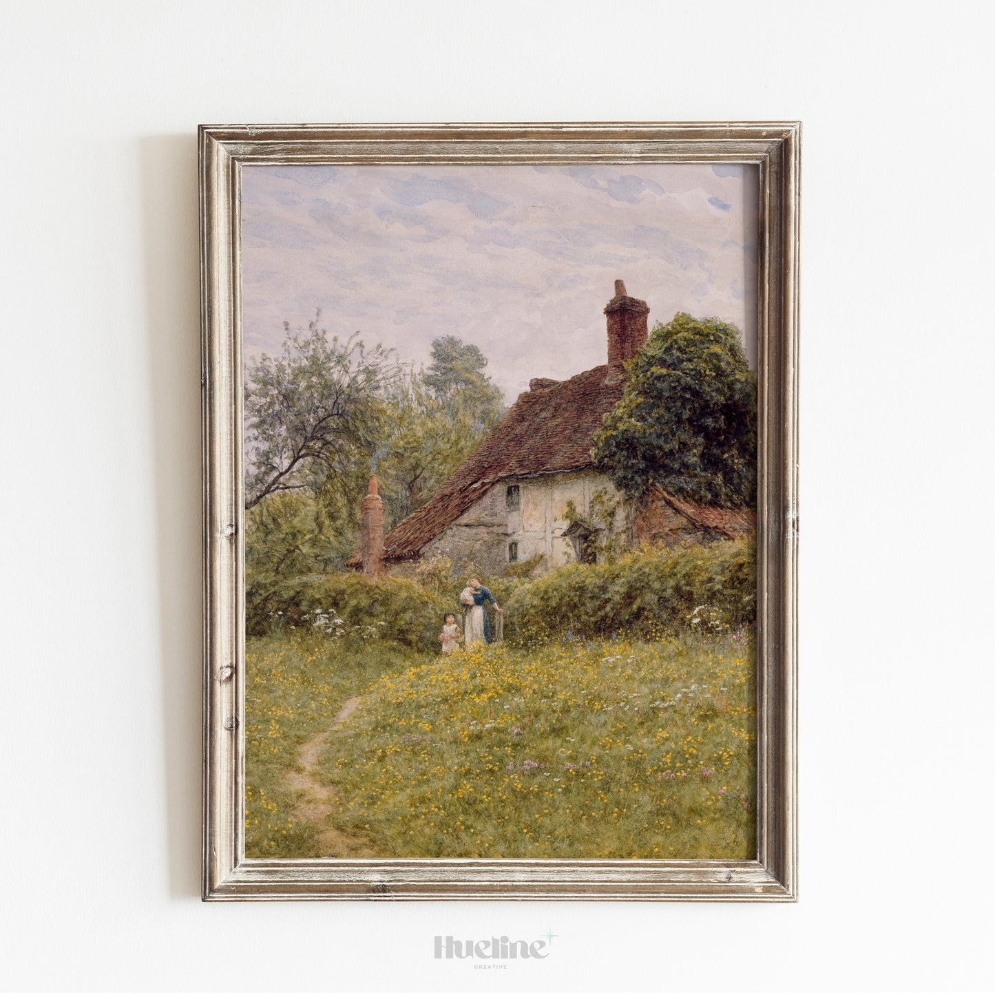 Vintage Cottage Landscape Art - English Countryside Painting in Gold Frame - Rustic Cottagecore Wall Decor - Pastoral Scene Artwork - L1027