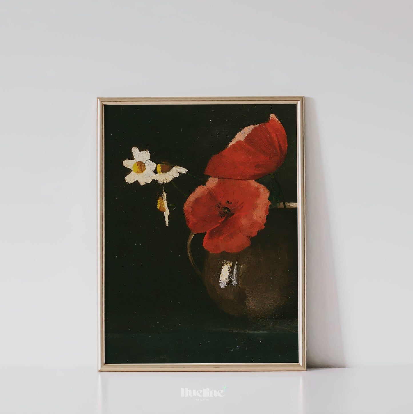 Vintage Red Poppy and Daisy Still Life Print, Dark Floral Wall Art, Moody Botanical Poster - L1083